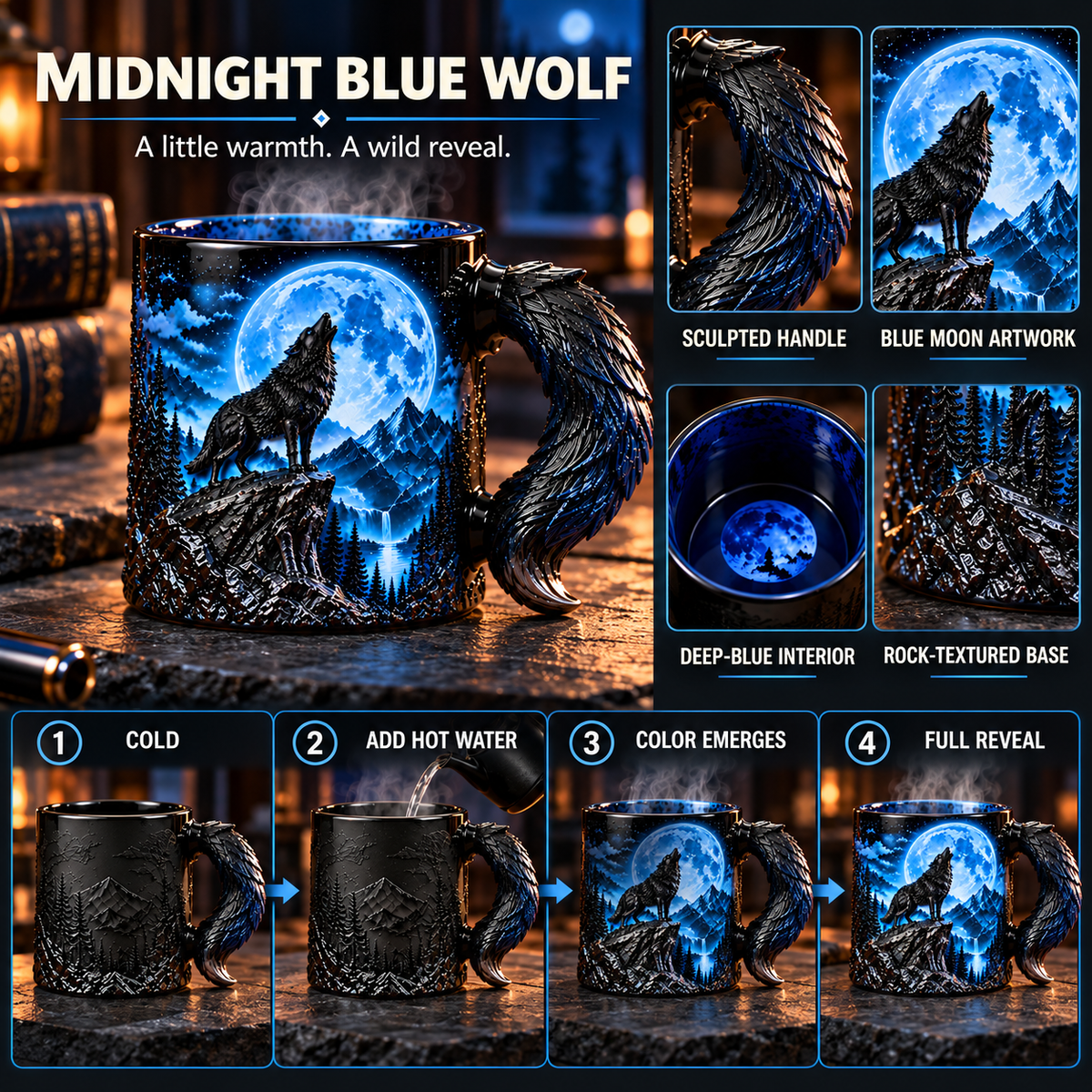 🌕🐺The Eternal Howl Collection — Heat-Changing Wolf Mug, Sculpted Wolf Tail Handle, Blue Moon, Blood Moon & Purple Moon Gothic Fantasy Designs, Gift for Wolf Lovers