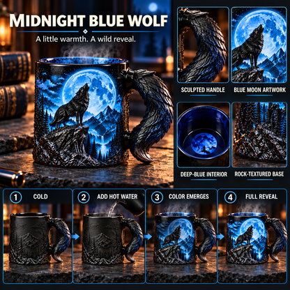 🌕🐺The Eternal Howl Collection — Heat-Changing Wolf Mug, Sculpted Wolf Tail Handle, Blue Moon, Blood Moon & Purple Moon Gothic Fantasy Designs, Gift for Wolf Lovers