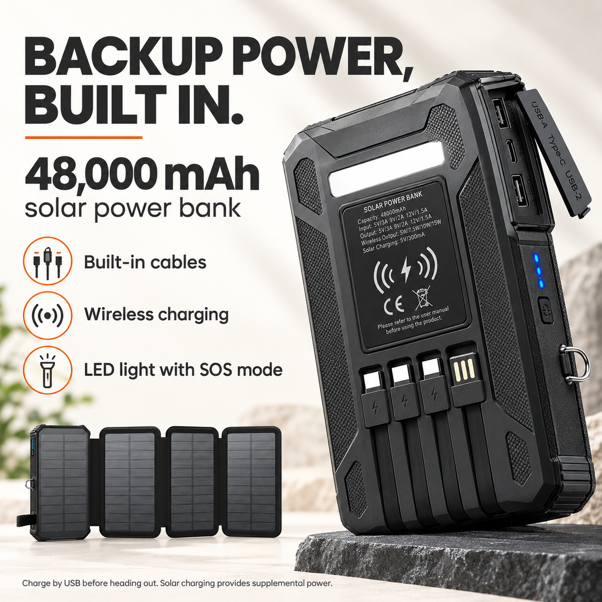 Lazzda 48000mAh Solar Power Bank Wireless Charger
