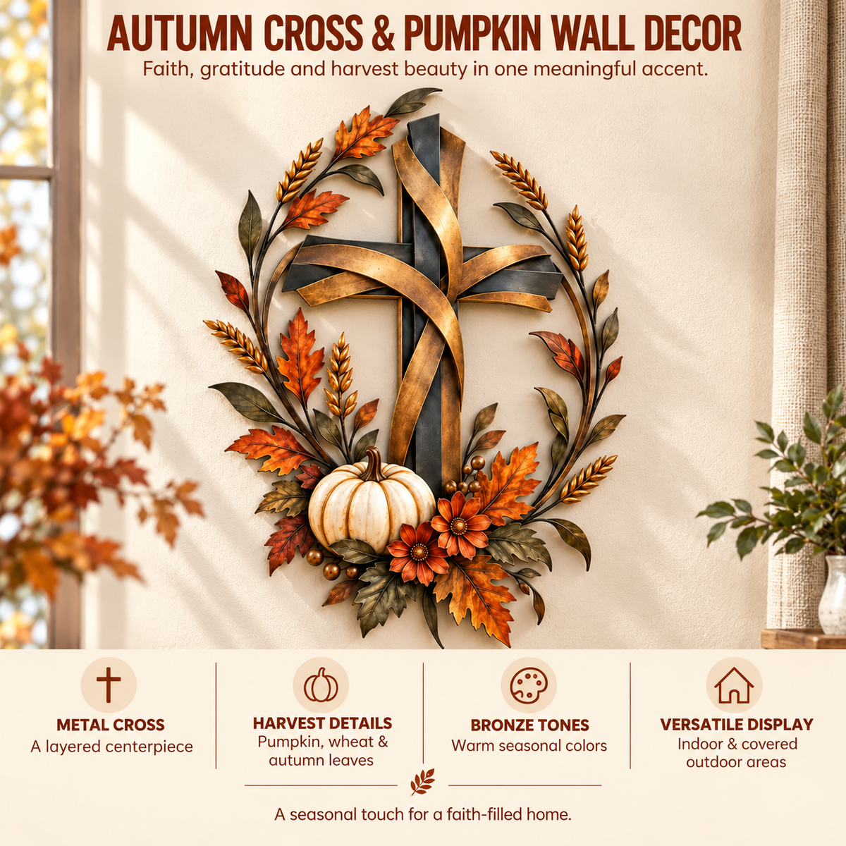 ✝️🍂 Autumn Cross & Pumpkin Harvest Metal Wall Decor