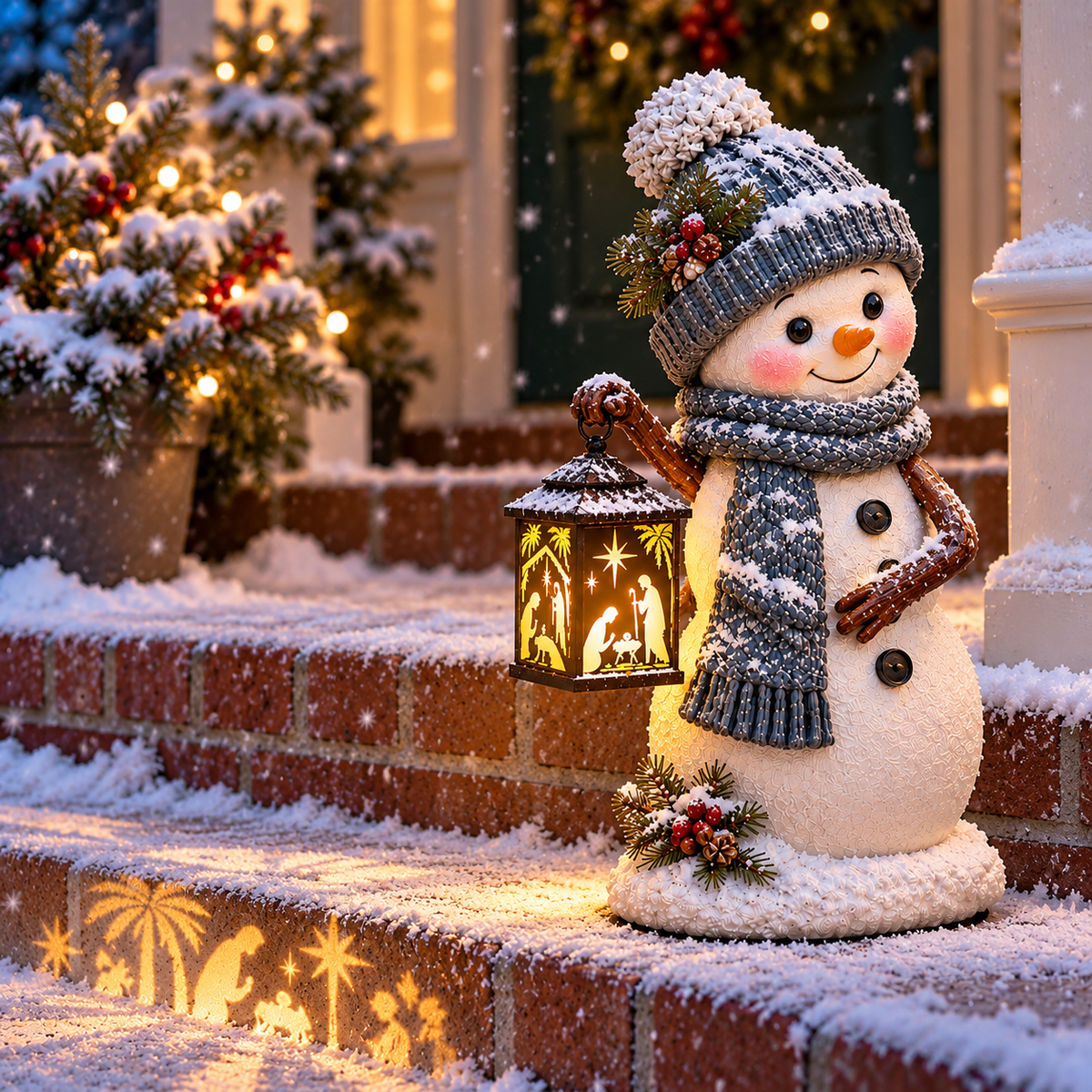 ⛄Snowman Nativity Glow –  Christmas Step Light with Holy Family Projection