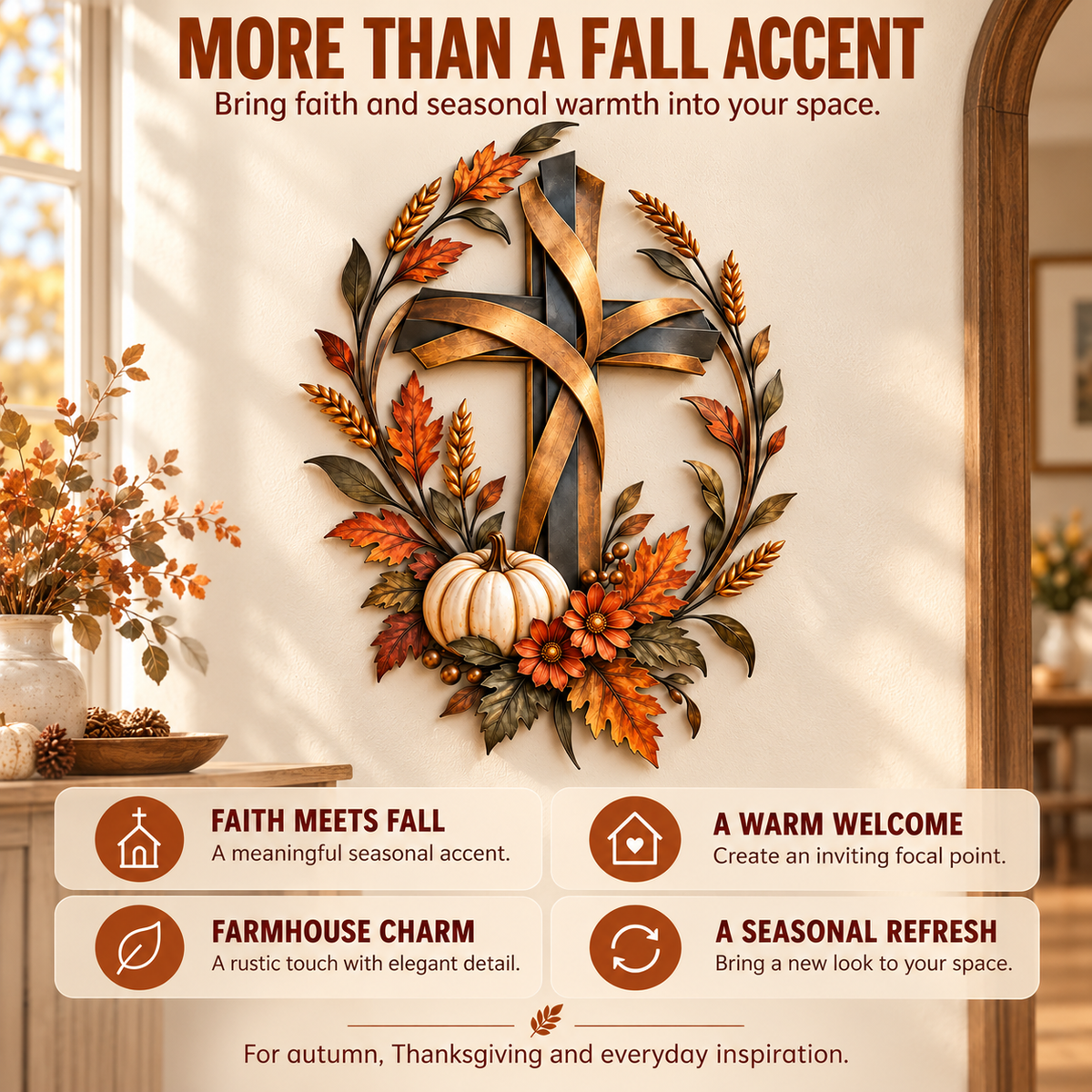 ✝️🍂 Autumn Cross & Pumpkin Harvest Metal Wall Decor