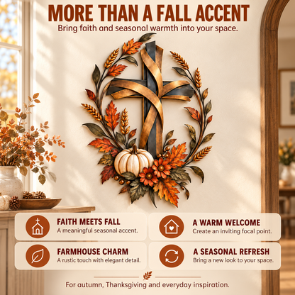 ✝️🍂 Autumn Cross & Pumpkin Harvest Metal Wall Decor