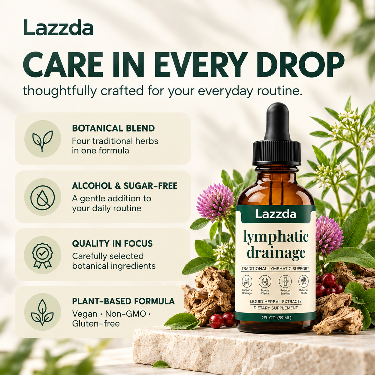 Lazzda Lymphatic Drainage Drops | 4-Botanical Daily Lymphatic Support, Alcohol-Free & Vegan, 2 Fl Oz