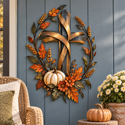 ✝️🍂 Autumn Cross & Pumpkin Harvest Metal Wall Decor