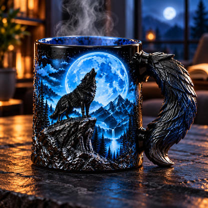 🌕🐺The Eternal Howl Collection — Heat-Changing Wolf Mug, Sculpted Wolf Tail Handle, Blue Moon, Blood Moon & Purple Moon Gothic Fantasy Designs, Gift for Wolf Lovers