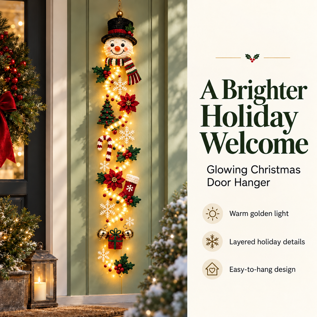 🎄 Glowing Christmas Door Hanger | 6 Festive Lighted Designs with Warm Glow, Dimensional Details & Space-Saving Vertical Décor ✨