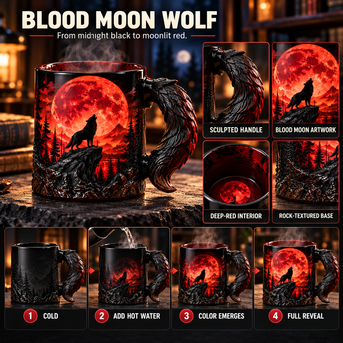 🌕🐺The Eternal Howl Collection — Heat-Changing Wolf Mug, Sculpted Wolf Tail Handle, Blue Moon, Blood Moon & Purple Moon Gothic Fantasy Designs, Gift for Wolf Lovers