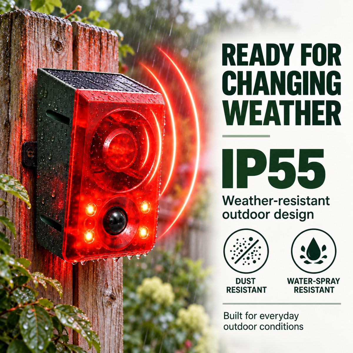 Solar Outdoor Motion Sensor Alarm - Dog Barking & Gunshot Sound, Support Recording and Volume Adjustment, 130dB Noise with Flashing Light to Deter Raccoon, Deer, Skunk, Bear, Coyote