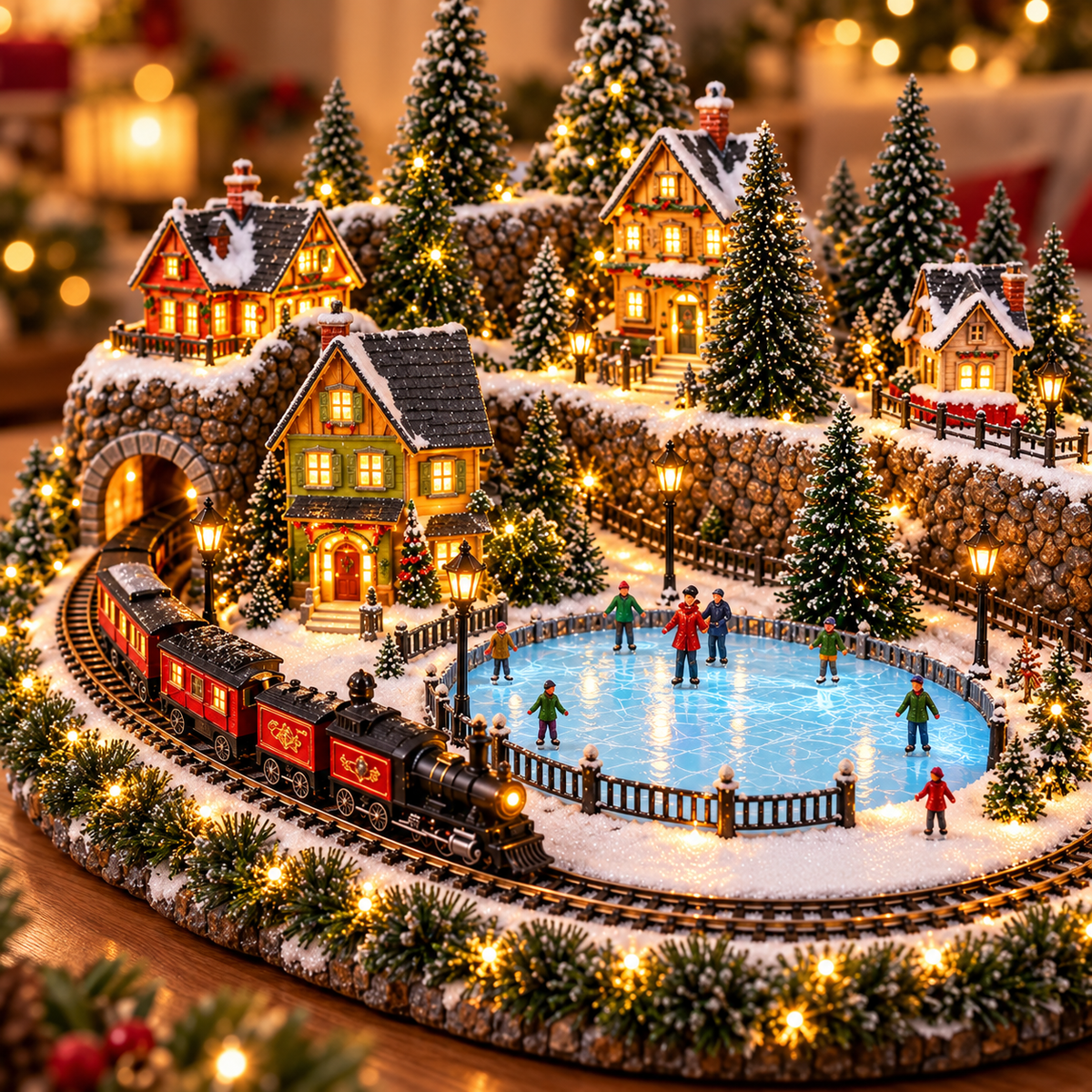 Animated Holiday Train & Ice Rink Scene ✨