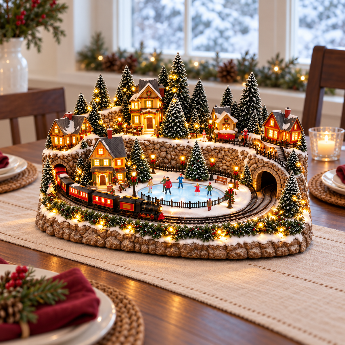 Animated Holiday Train & Ice Rink Scene ✨