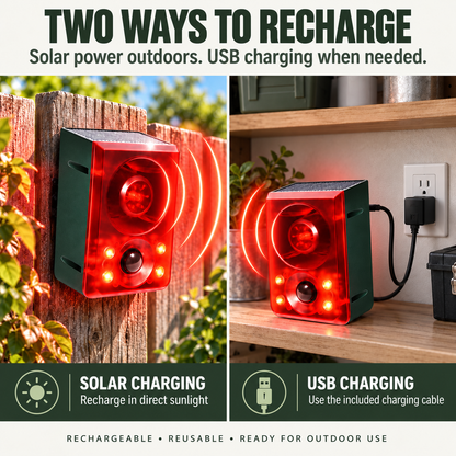 Solar Outdoor Motion Sensor Alarm - Dog Barking & Gunshot Sound, Support Recording and Volume Adjustment, 130dB Noise with Flashing Light to Deter Raccoon, Deer, Skunk, Bear, Coyote