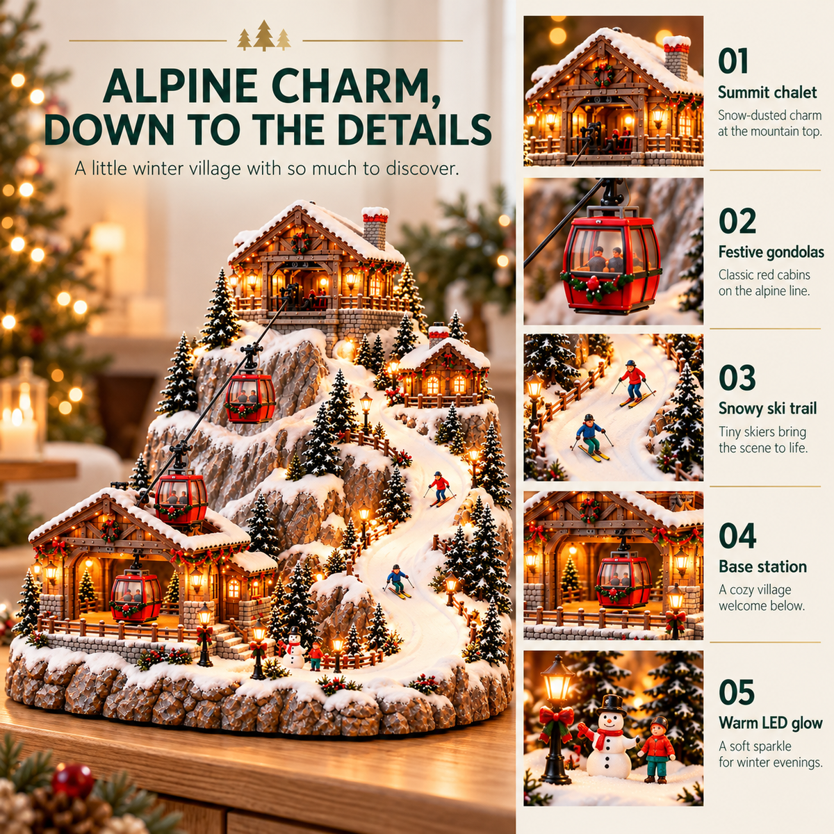 20cm-Animated Christmas Mountain Cable Car & Ski Village Scene ✨
