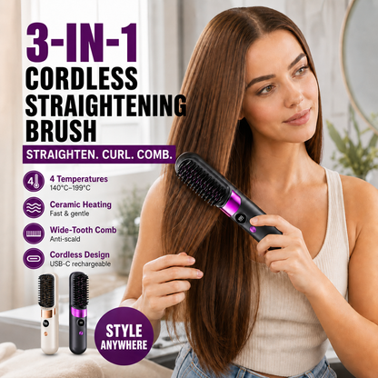 💇‍♀️🔥 3-in-1 Cordless Hair Straightening Brush – Straighten, Curl & Detangle – USB-C Rechargeable with 4 Heat Settings – Perfect Hair Anywhere! ✨
