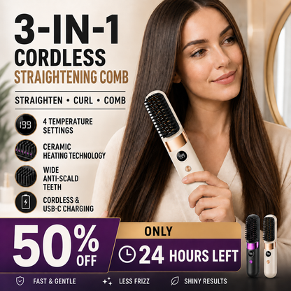 💇‍♀️🔥 3-in-1 Cordless Hair Straightening Brush – Straighten, Curl & Detangle – USB-C Rechargeable with 4 Heat Settings – Perfect Hair Anywhere! ✨