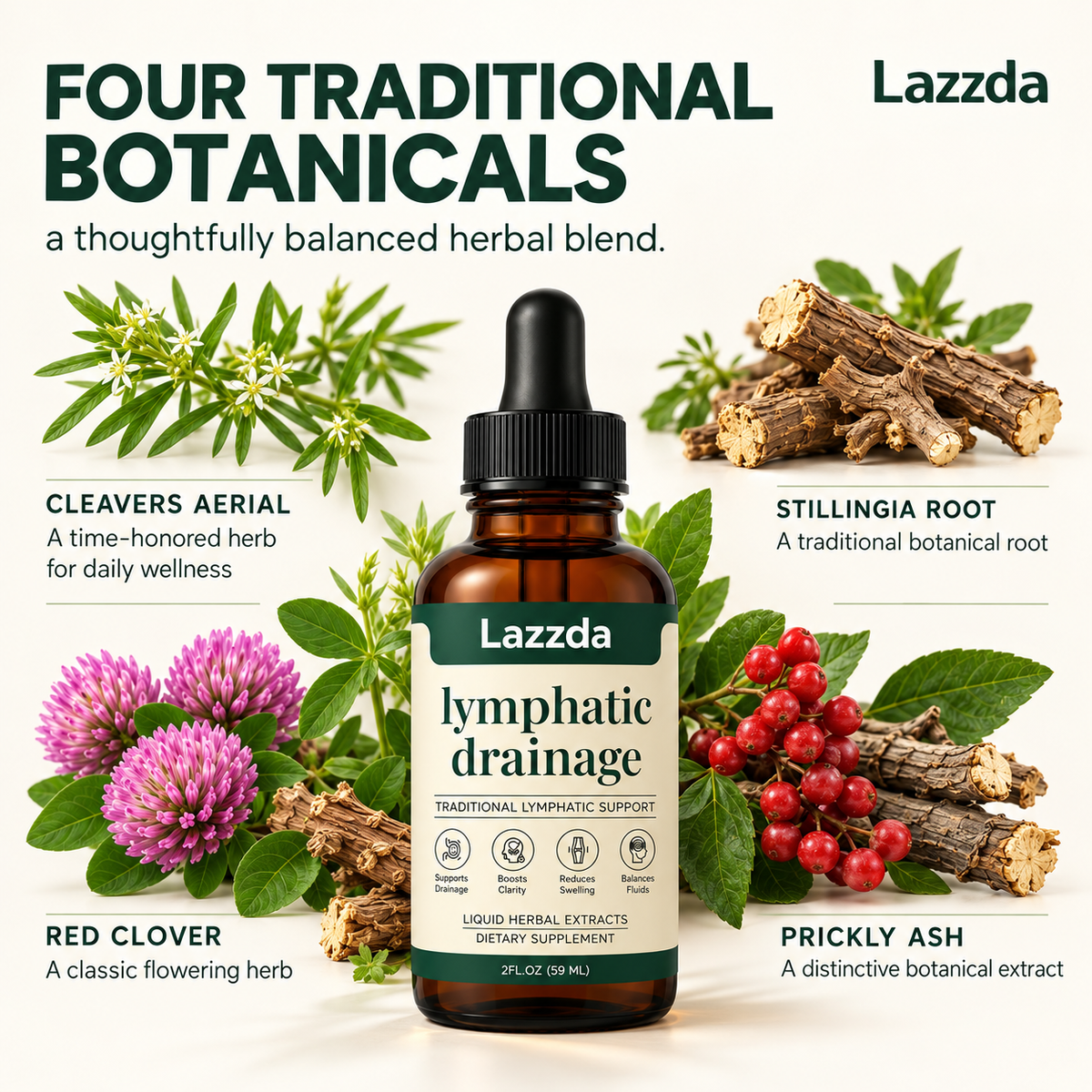 Lazzda Lymphatic Drainage Drops | 4-Botanical Daily Lymphatic Support, Alcohol-Free & Vegan, 2 Fl Oz