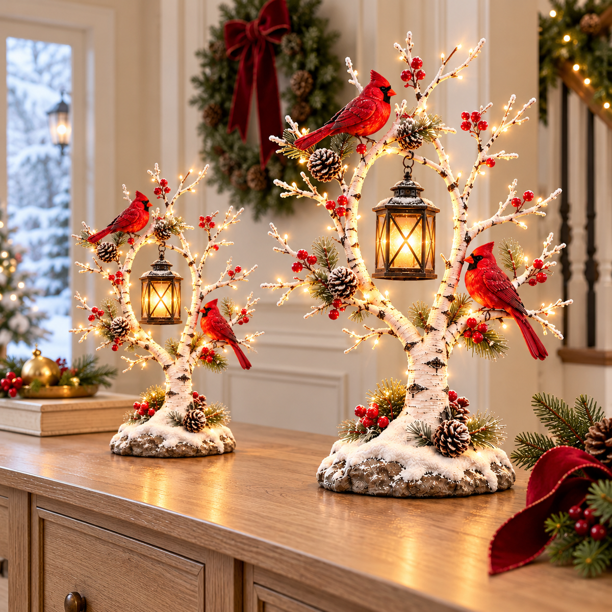 Cardinal Winter Lantern Tree – Lighted Snowy Birch Tree with Red Cardinals & Hanging Lantern ✨