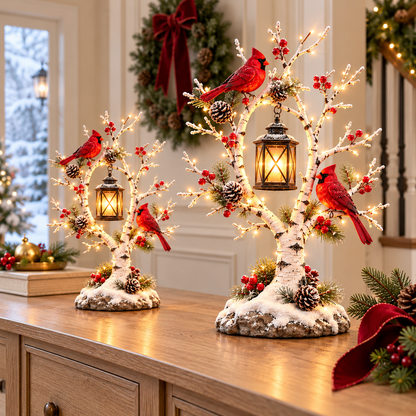 Cardinal Winter Lantern Tree – Lighted Snowy Birch Tree with Red Cardinals & Hanging Lantern ✨
