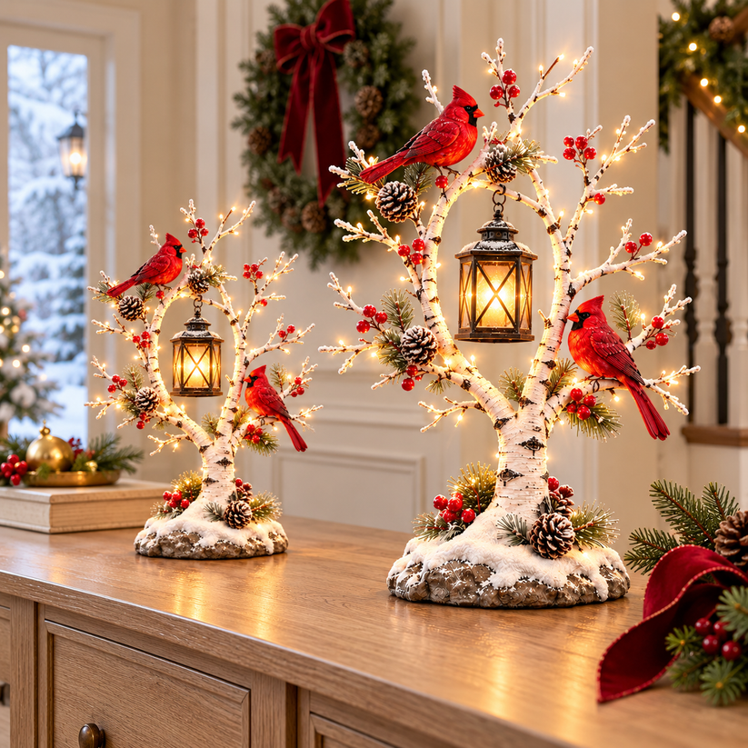Large and small illuminated snowy birch trees with two red cardinals and vintage hanging lanterns