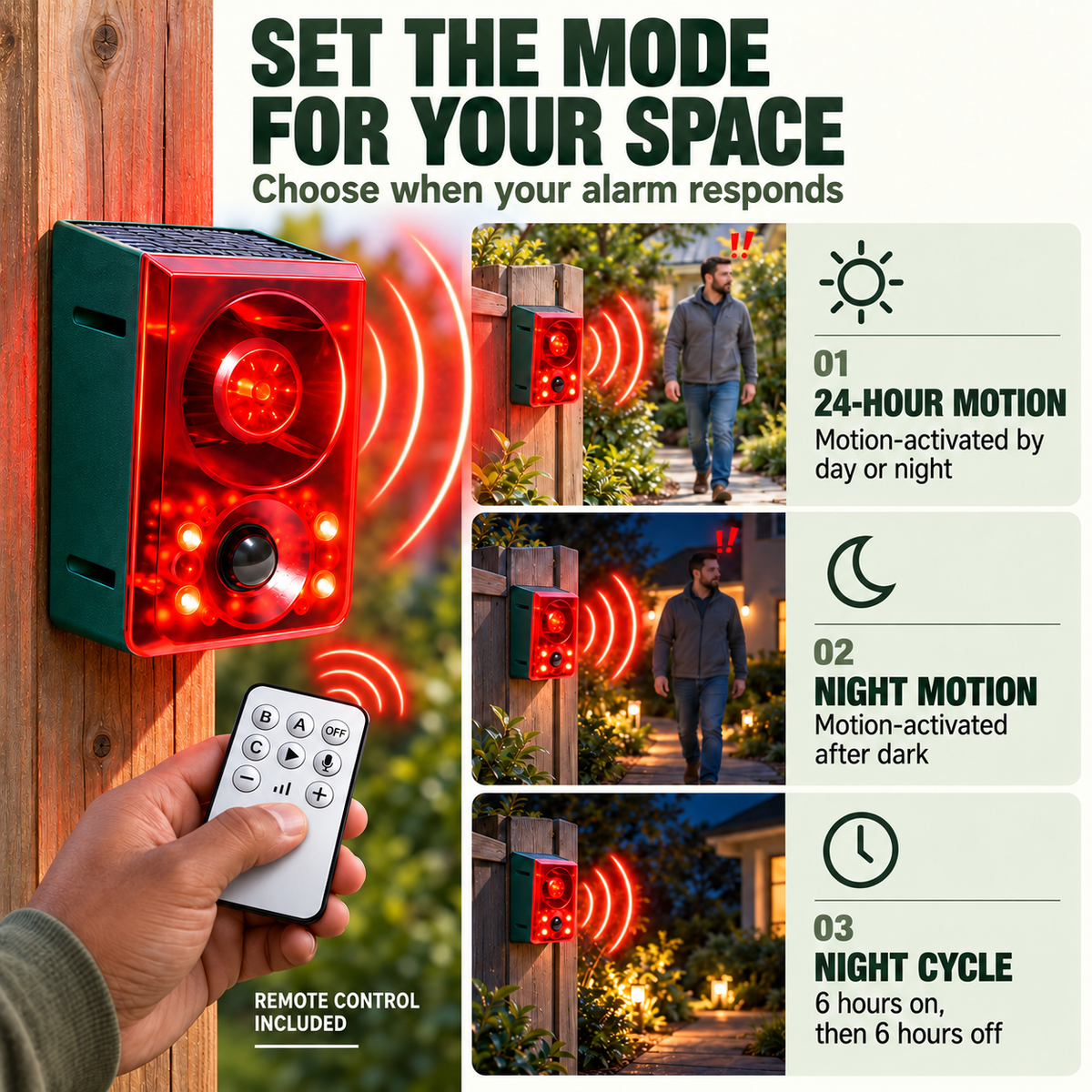 Solar Outdoor Motion Sensor Alarm - Dog Barking & Gunshot Sound, Support Recording and Volume Adjustment, 130dB Noise with Flashing Light to Deter Raccoon, Deer, Skunk, Bear, Coyote