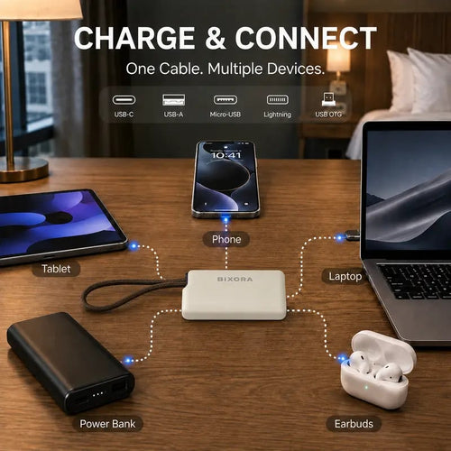 🧳 Basemo Pocket Tech Companion – All-in-One Travel Tech Kit with Built-In USB-C Cable, Lightning & Micro Adapters, Fast Charging, 480Mbps Data Sync, SIM/TF Card Slots & Phone Stand for EDC Travel & Office