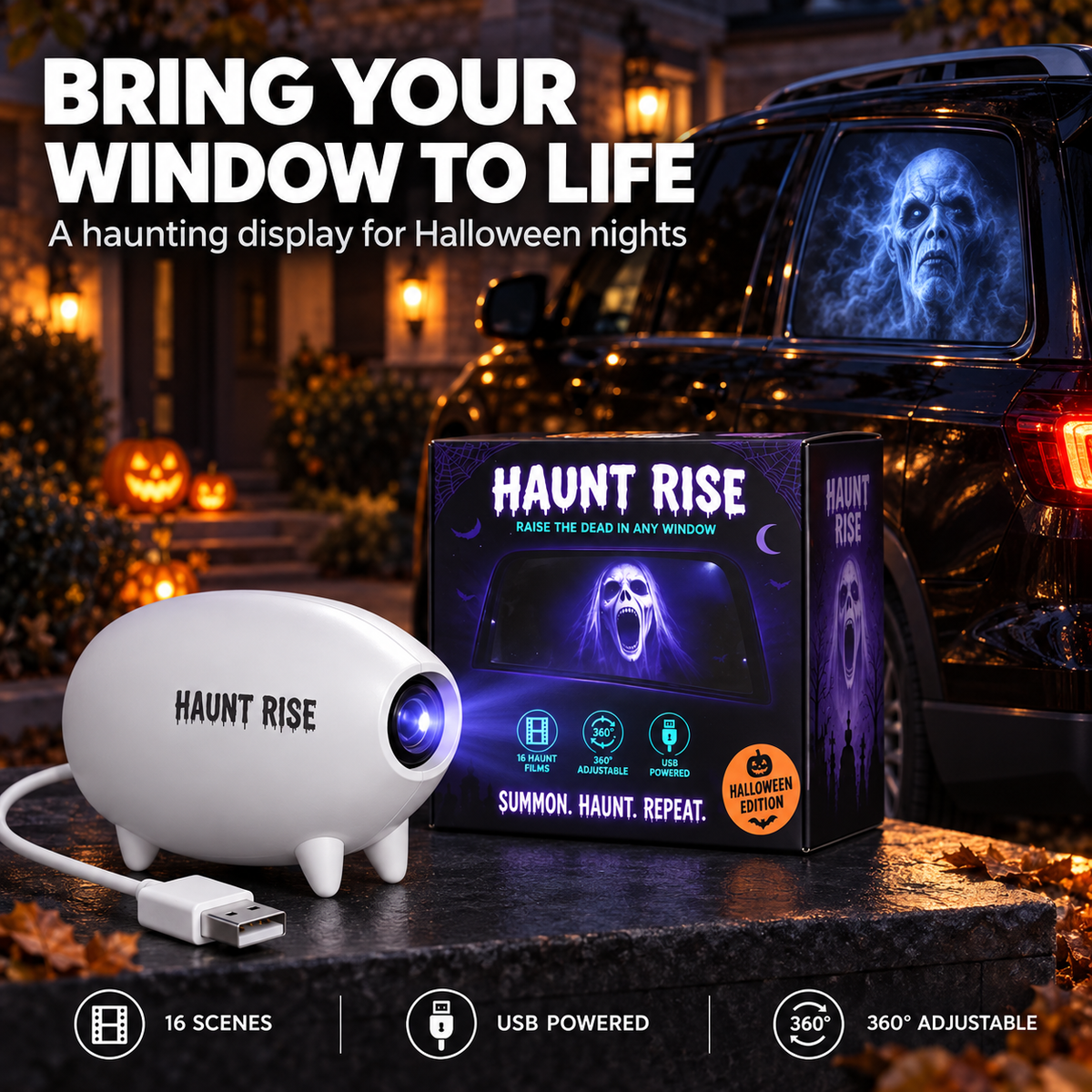 🎃 👻 Haunt Rise Halloween Window Projector-360° Adjustable Stand for Home Decor 🎃