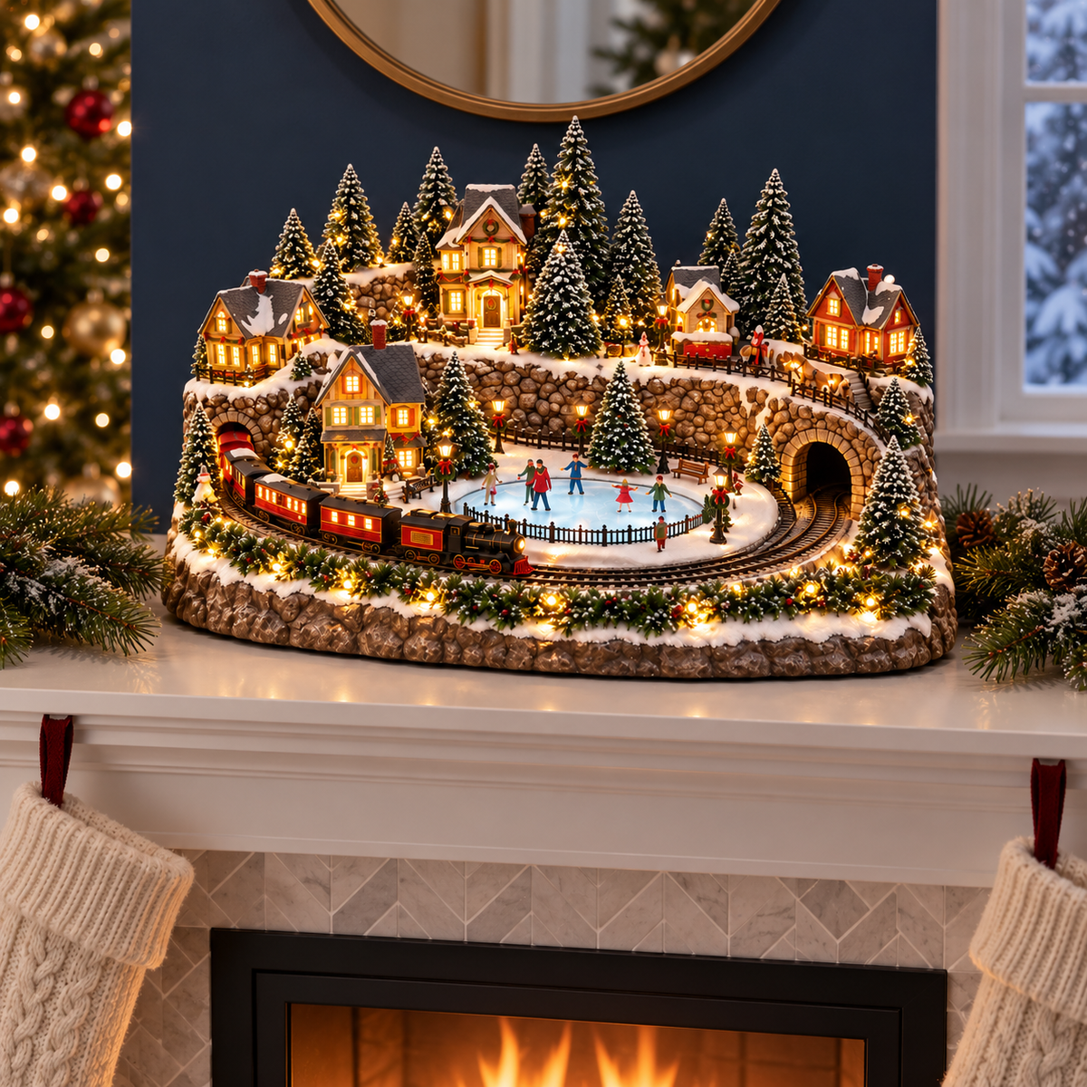 Animated Holiday Train & Ice Rink Scene ✨
