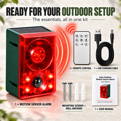 Solar Outdoor Motion Sensor Alarm - Dog Barking & Gunshot Sound, Support Recording and Volume Adjustment, 130dB Noise with Flashing Light to Deter Raccoon, Deer, Skunk, Bear, Coyote