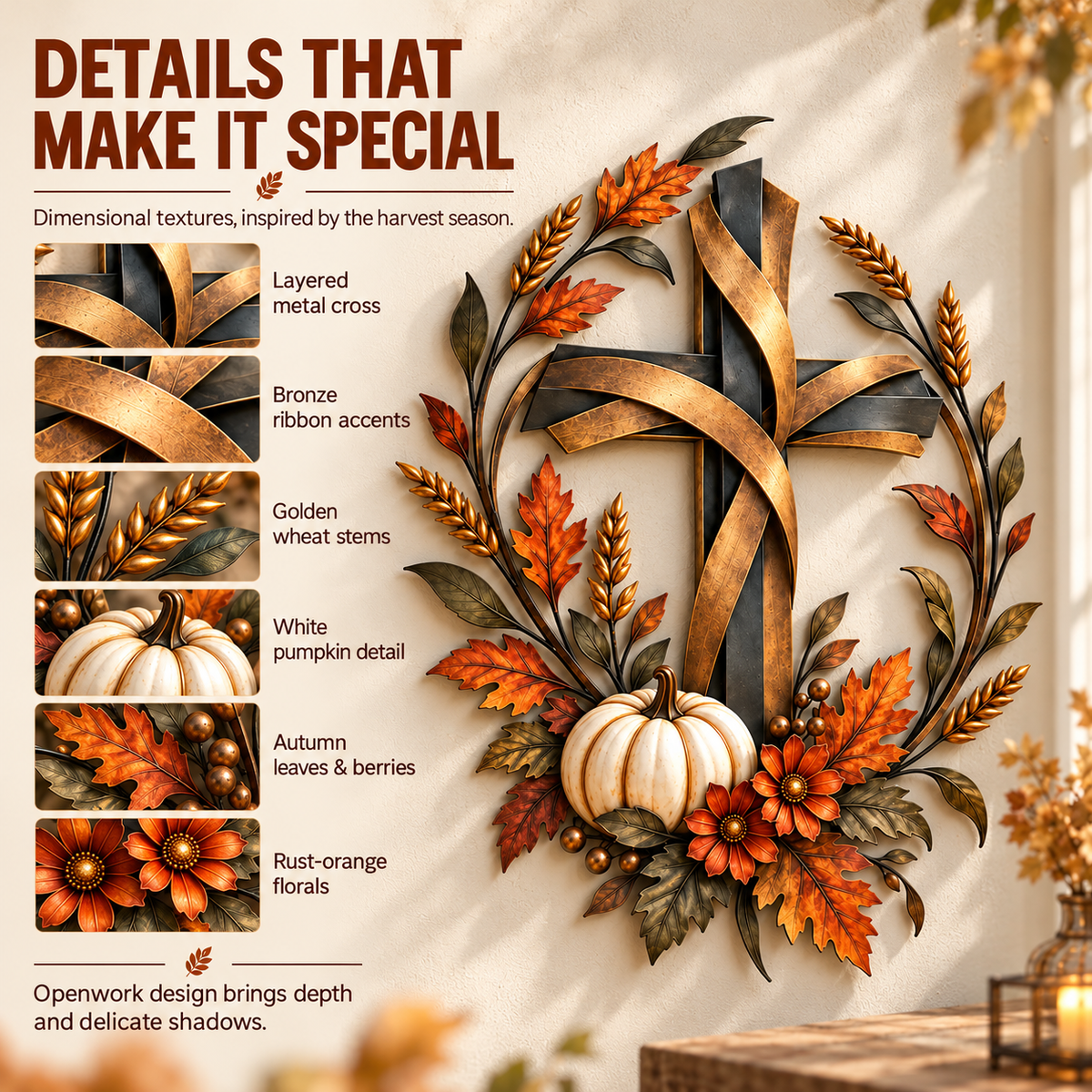 ✝️🍂 Autumn Cross & Pumpkin Harvest Metal Wall Decor