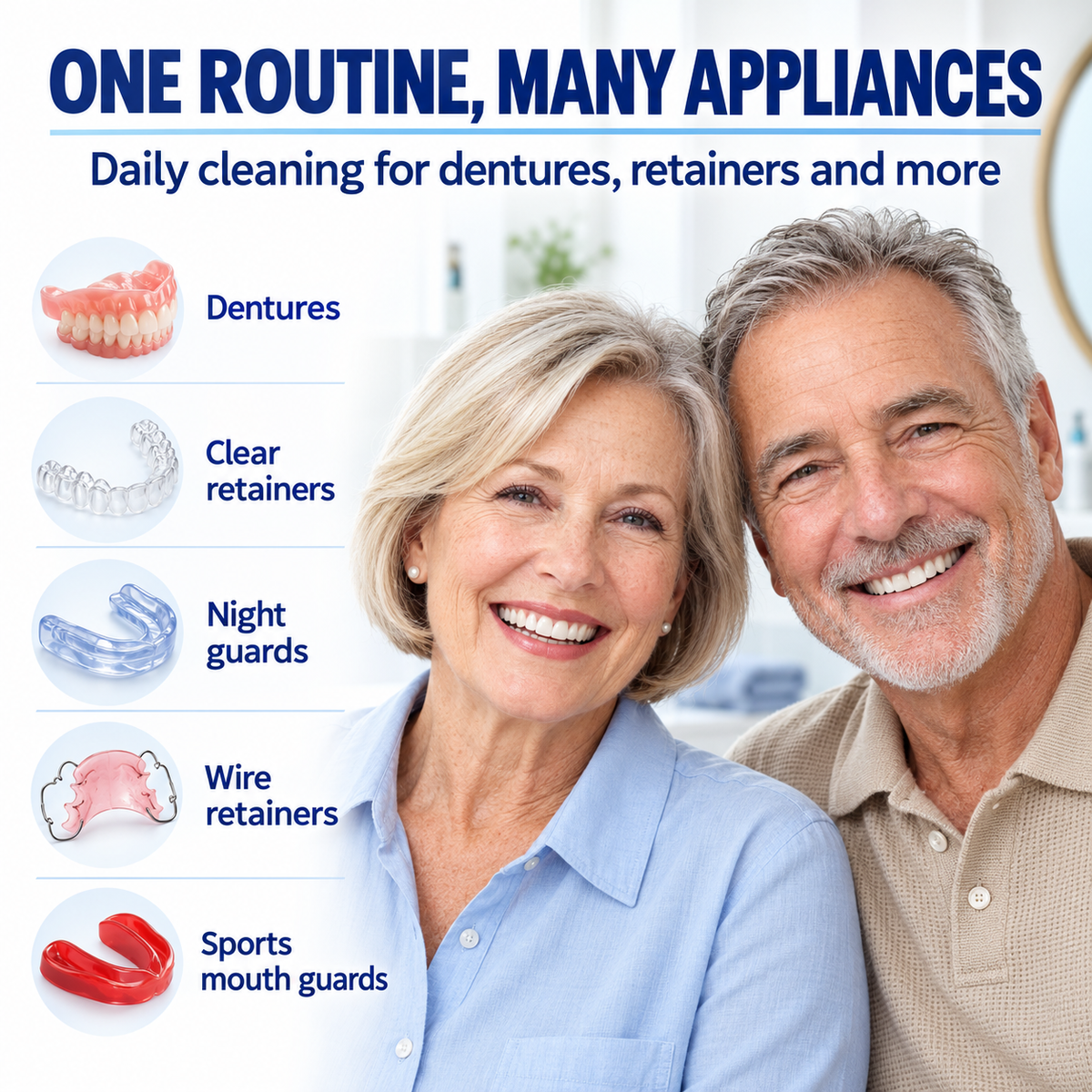 Dental appliance care illustration showing dentures and retainers