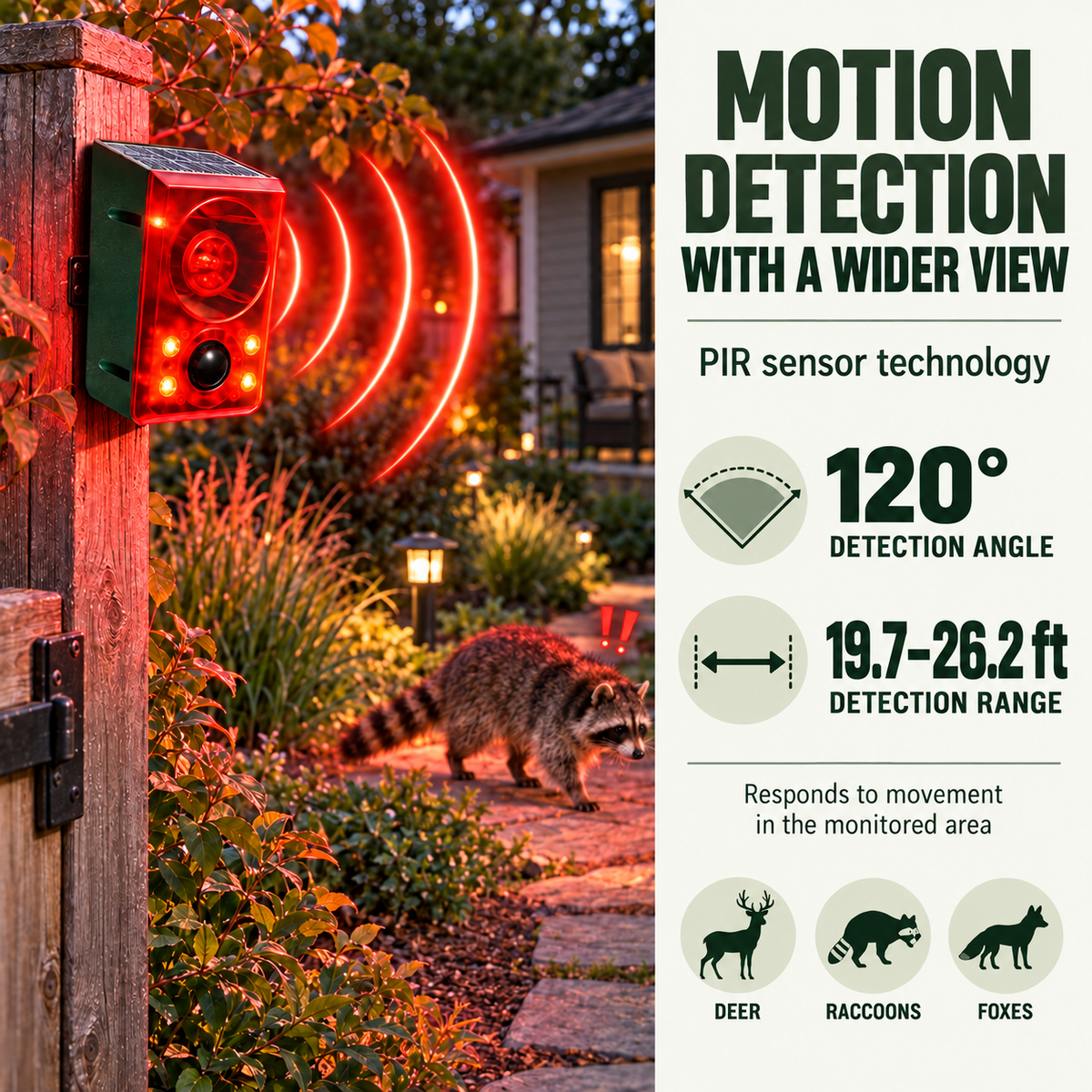 Solar Outdoor Motion Sensor Alarm - Dog Barking & Gunshot Sound, Support Recording and Volume Adjustment, 130dB Noise with Flashing Light to Deter Raccoon, Deer, Skunk, Bear, Coyote