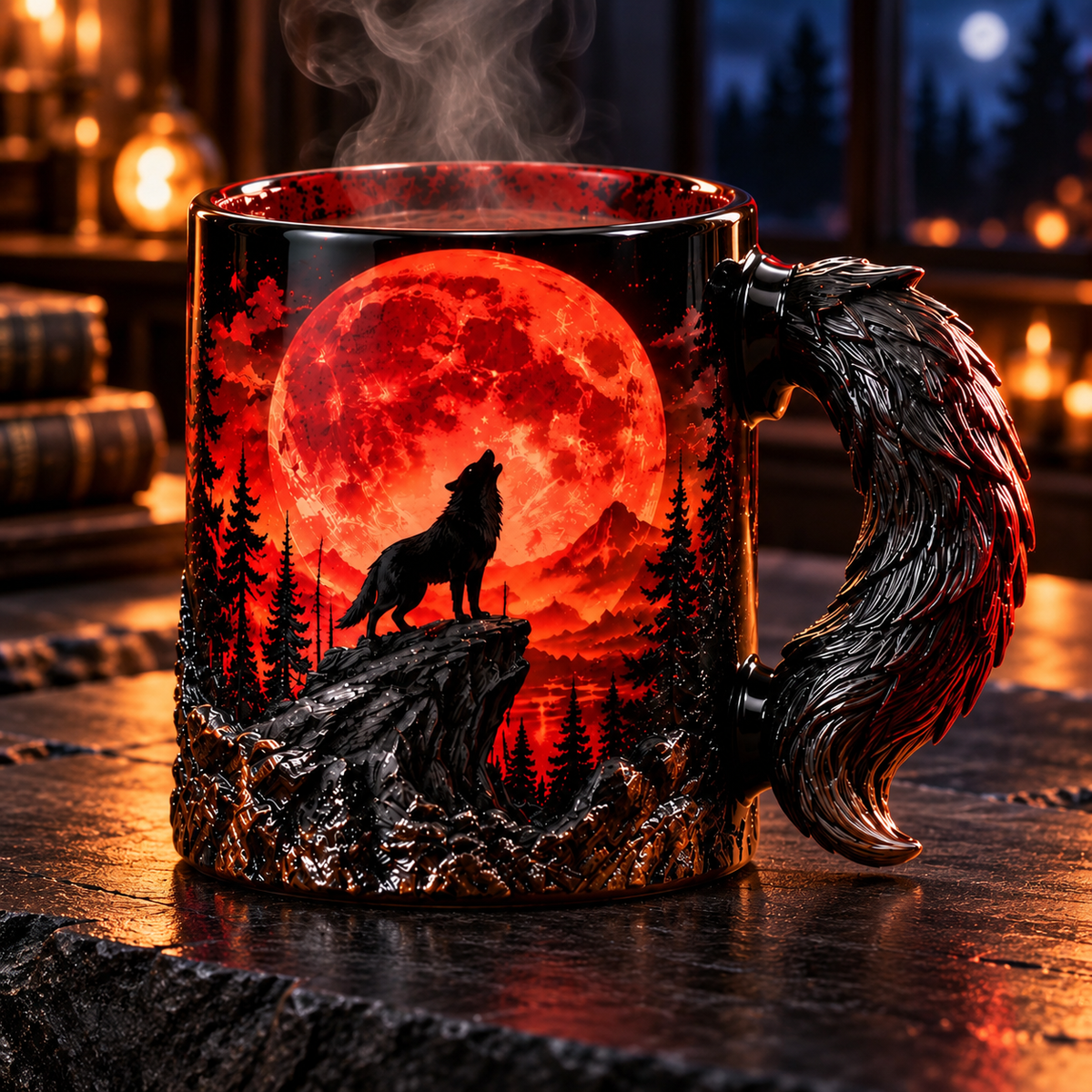 🌕🐺The Eternal Howl Collection — Heat-Changing Wolf Mug, Sculpted Wolf Tail Handle, Blue Moon, Blood Moon & Purple Moon Gothic Fantasy Designs, Gift for Wolf Lovers