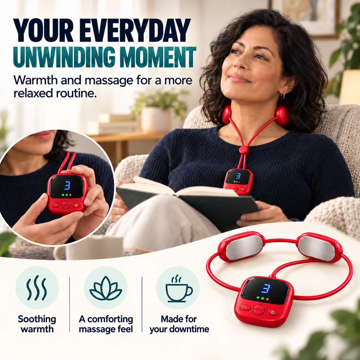 🔥Mini Necklace-Style Neck Massager - 4 Modes, 9 Intensity Levels, 3 Heat Settings, Smart Dual-Pulse Pendant Design