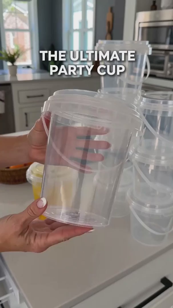 Large reusable plastic cup in use
