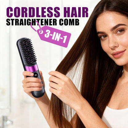 💇‍♀️🔥 3-in-1 Cordless Hair Straightening Brush – Straighten, Curl & Detangle – USB-C Rechargeable with 4 Heat Settings – Perfect Hair Anywhere! ✨