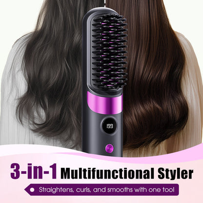 💇‍♀️🔥 3-in-1 Cordless Hair Straightening Brush – Straighten, Curl & Detangle – USB-C Rechargeable with 4 Heat Settings – Perfect Hair Anywhere! ✨