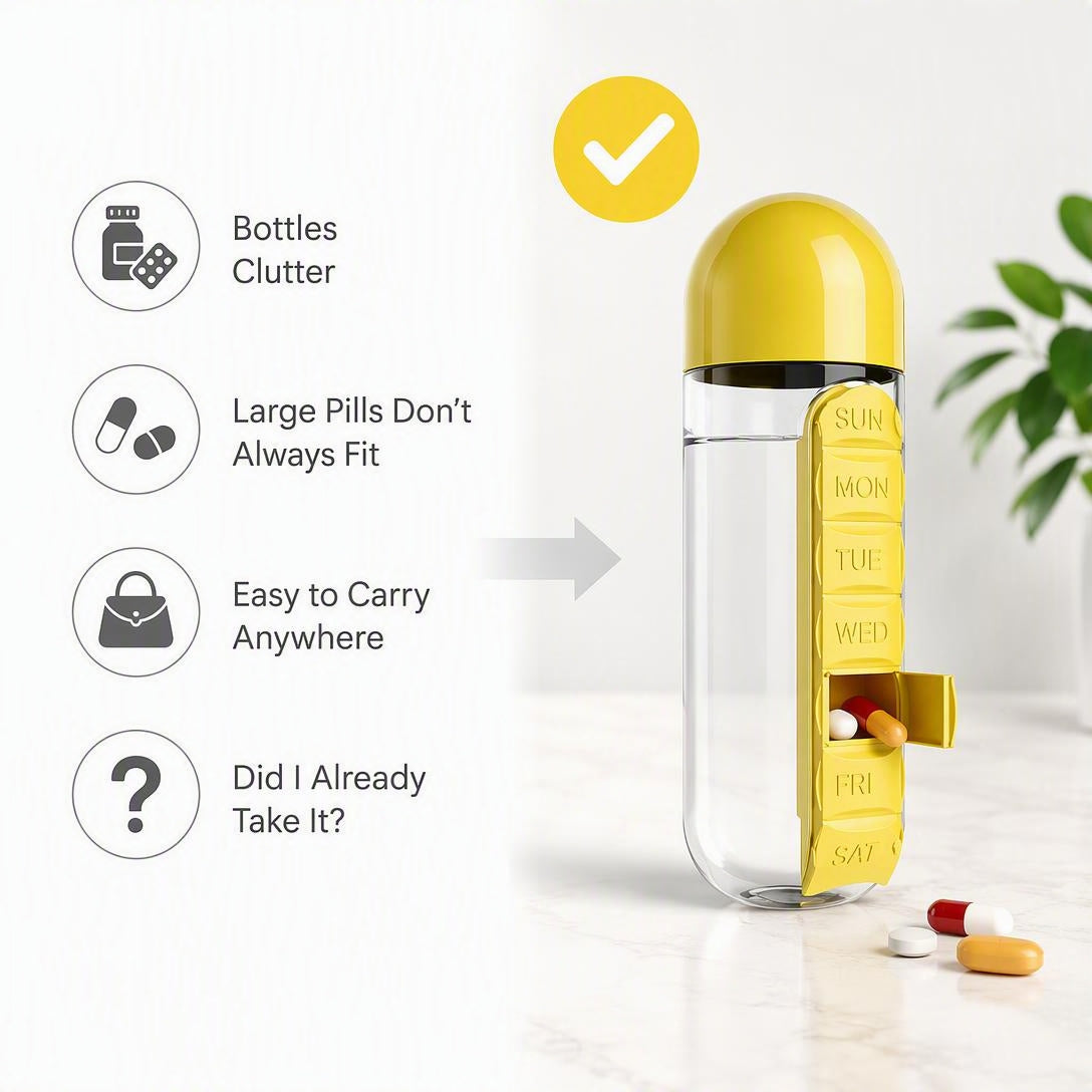 💊7-Day Pill Organizer Water Bottle – Daily Medicine Storage for Travel