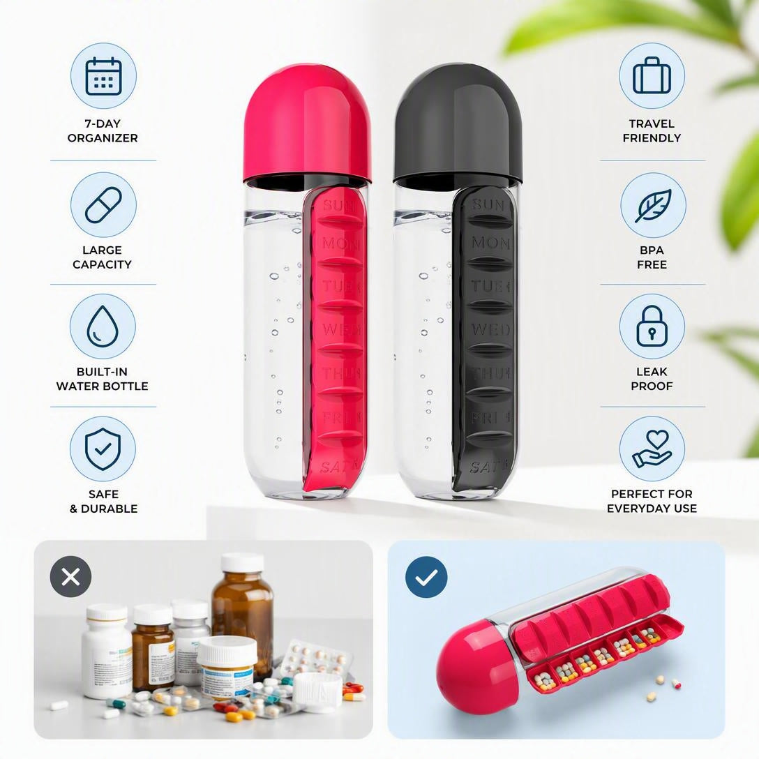 💊7-Day Pill Organizer Water Bottle – Daily Medicine Storage for Travel