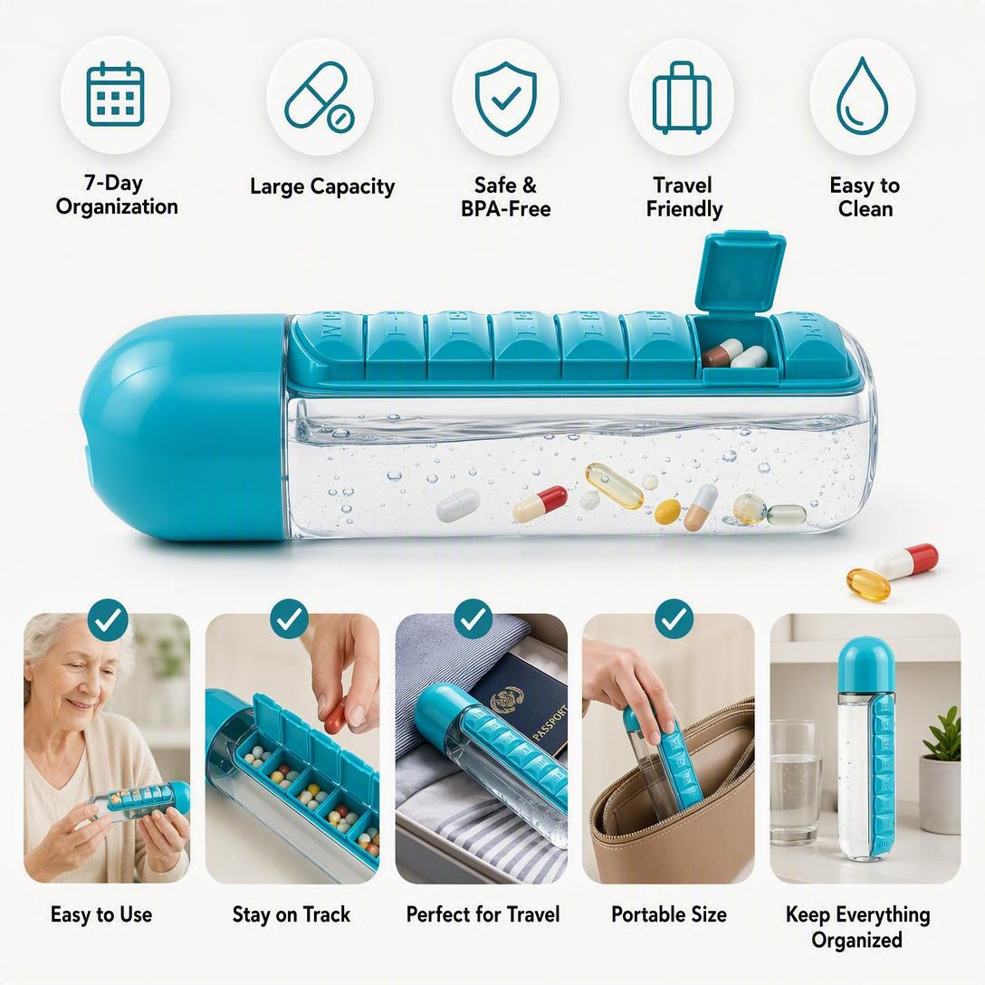 💊7-Day Pill Organizer Water Bottle – Daily Medicine Storage for Travel